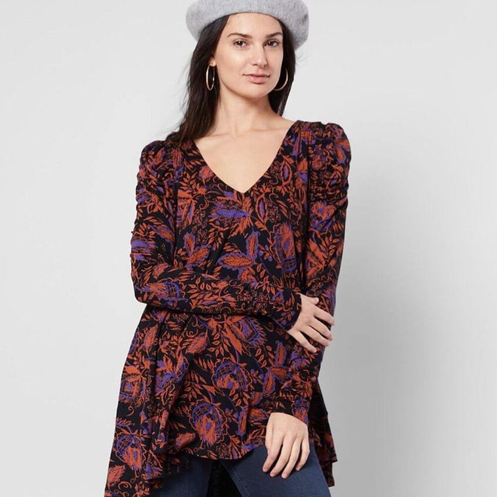 Free People Hello Lover Boho Floral Puff Sleeve Mini Dress Tunic XL